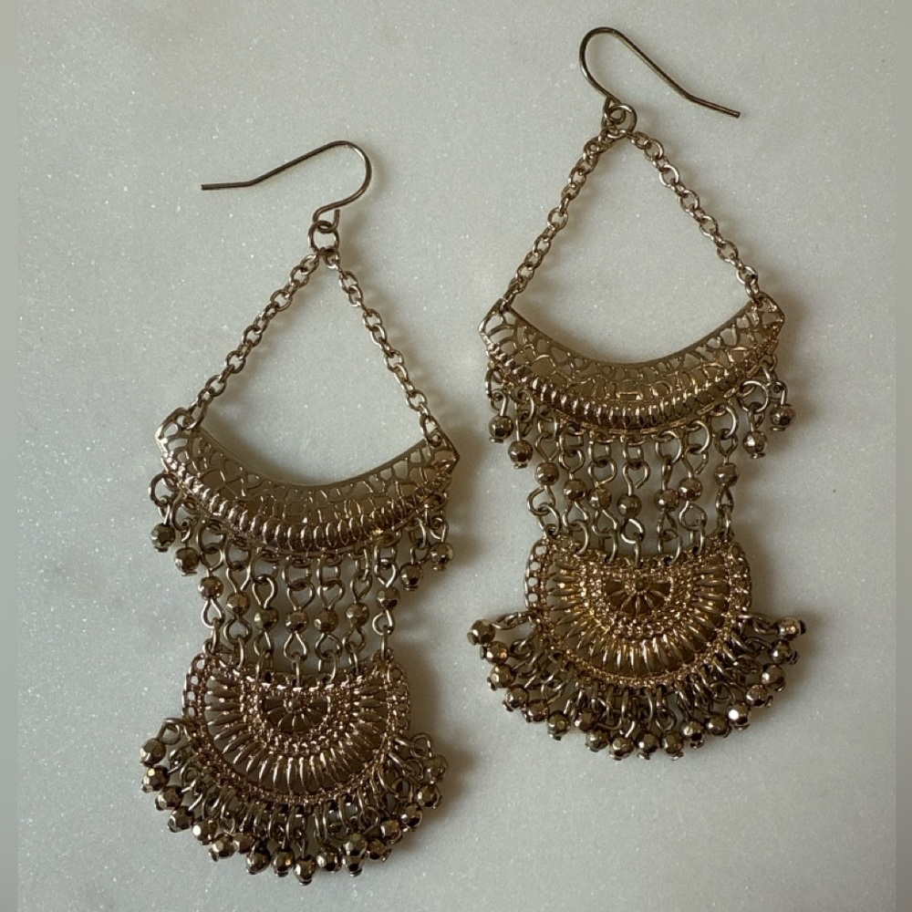 Boho Gold Fringe Statement Dangle Earrings Festival Style